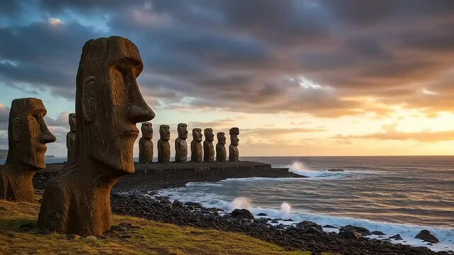 Moai Statues at Sunset on Easter Island Shoreline
