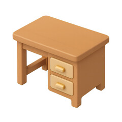 Isometric view of a small, light brown wooden desk with two drawers, isolated on a white background.