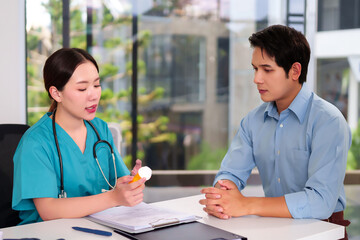 Healthcare Consultation: A caring practitioner discusses medication with a patient in a modern...
