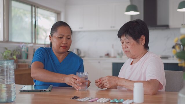 Asian health care worker visiting elderly woman at home, home nurse, home care service concept - Powered by Adobe