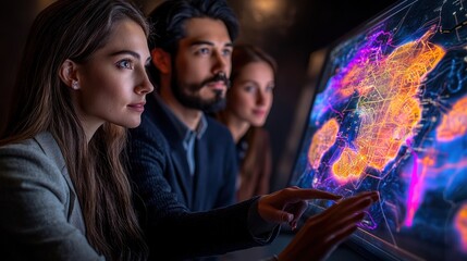 Team analyzing interactive global map
