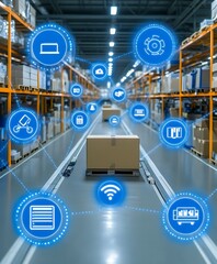 A modern warehouse showing networked digital systems for logistics management