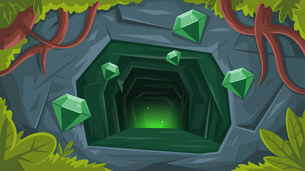 Flat Design Illustration of an Emerald Mine Shaft Entrance with Glowing Gems and Lush Foliage