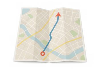 Paper city map folding, revealing route marked with red arrow on transparent surface, supporting travel navigation and planning