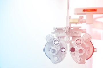 3d render of a pink and blue heart symbol, Phoropter for eye test, lenses glasses for eye check in optical store, health care, eye care concept, industry eye care 