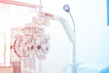 test tubes in a laboratory, Phoropter for eye test, lenses glasses for eye check in optical store, health care, eye care concept, industry eye care 
