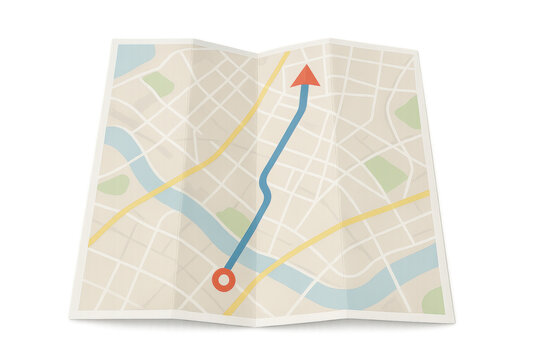 Paper city map folding, revealing route marked with red arrow on transparent surface, supporting travel navigation and planning