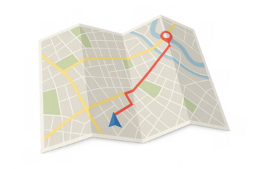 Folded paper city map showing route with location pin on transparent background, perfect for travel and navigation concepts