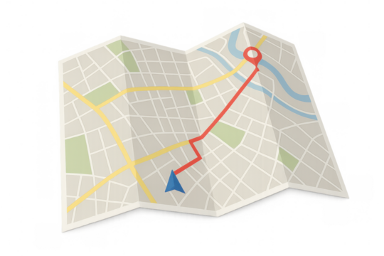 Folded paper city map showing route with location pin on transparent background, perfect for travel and navigation concepts