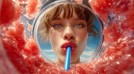 Creative POV image of woman sipping red slush drink through a straw, seen from inside the cup with bright summer sky background