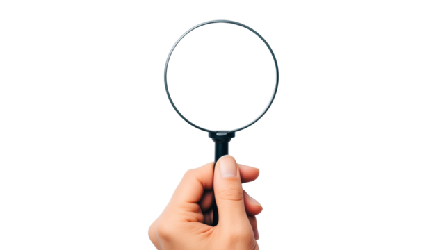 Close-up of a male hand holding a magnifying glass, isolated on transparent background