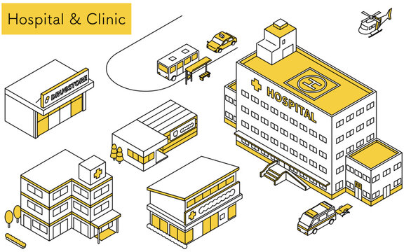Isometric line art illustration set of medical facilities including a general hospital with doctor helicopter, emergency ambulance, dental clinic, drugstore, small hospital, and bus rotary