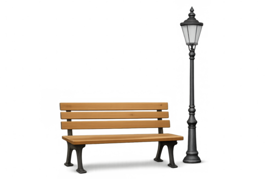 Wooden bench near a street lamp isolated on transparent background, perfect for urban design projects
