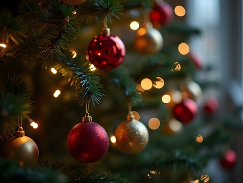 Christmas tree decorations HD 8K wallpaper Stock Photographic Image