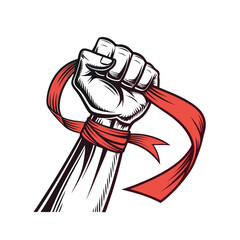 Powerful raised fist with American red ribbon banner for strength, unity, and Labor Day tribute vector art