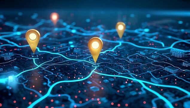 Network of Locations: A digital map of connected locations with glowing markers, representing connectivity and global reach, this image perfectly captures the essence of information technology.