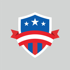 Patriotic badge design with shield, stars, and flowing red ribbon. Great for Patriot Day, 9/11 remembrance, or American-themed vector art.