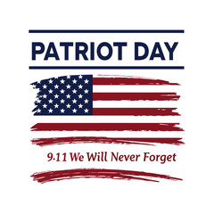 Patriot Day vector illustration of waving USA flag and “9.11 We Will Never Forget” text. Ideal for tribute graphics, remembrance, and honoring fallen heroes.