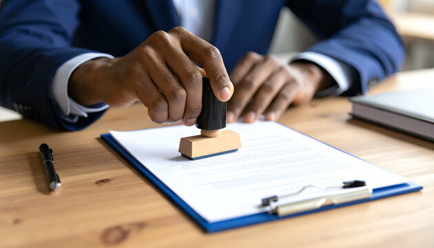 Businessman stamping official document Approval, authentication, and legal process