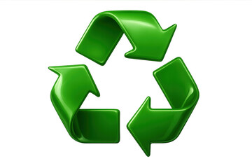 Glossy green recycling symbol rotating, emphasizing circular economy and eco-conscious practices on a transparent background