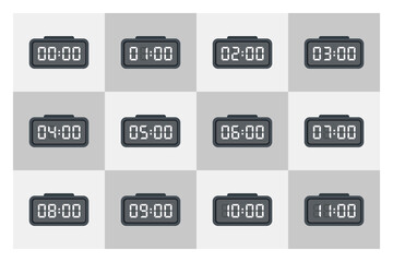 Flat Digital Clock Set Showing Different Hours in Minimal Gray Style