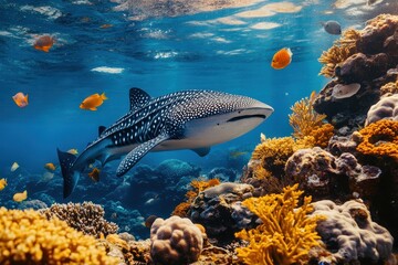 Naklejka premium Whale shark glides gracefully over vibrant coral reef in clear tropical waters, Whale shark swims on a coral reef