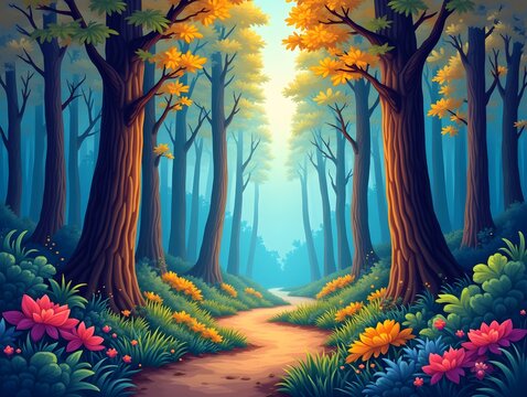 A colorful illustration of a forest