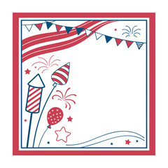 Obraz premium Vector frame for Independence Day with fireworks, stars, USA flag elements, and festive icons. Ideal for July 4th invitations, cards, banners, and social media posts.