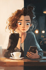Worried woman sitting at cafe table with coffee cup, checking phone, day and night contrast
