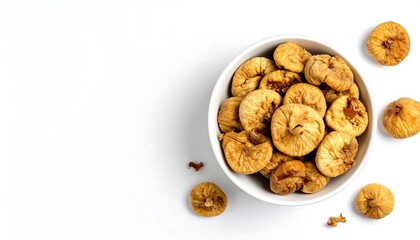 Dried figs in a white bowl with top view on white background with copy space.