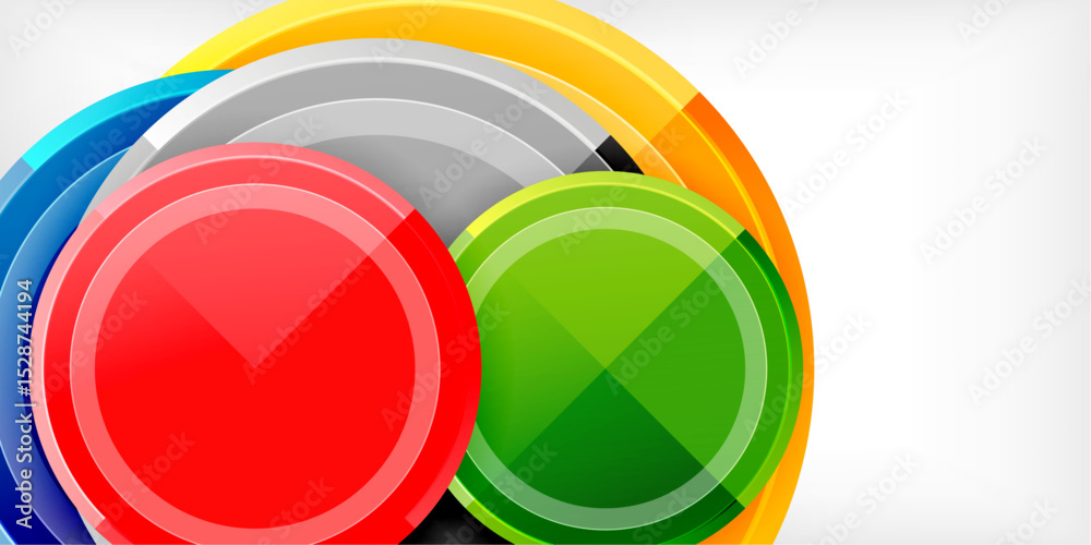 Poster Bright colorful circles overlap creating abstract design. Modern graphic element with vibrant hues, smooth gradients.