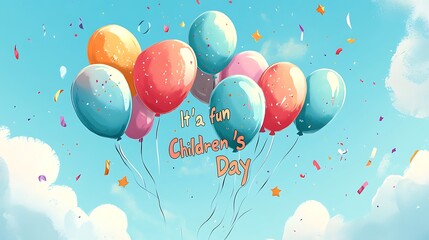 Balloon-letter typography in a flat hand-drawn vector style, forming the phrase "It's a fun Children's Day", playful curved strings attached to each balloon letter, floating across a soft blue sky,