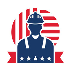 American Construction Worker Icon with USA Flag – Labor Day Tribute Design Honoring Skilled Trades and Workforce for National Celebration and Employment Themes