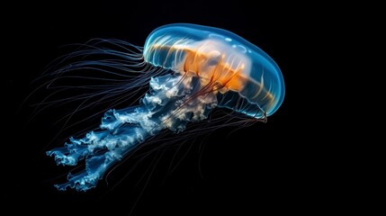 A translucent jellyfish with long tentacles floats against a black background.