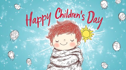 Clean flat design with centered composition, red handwritten "Happy Children’s Day" text in calligraphy style,