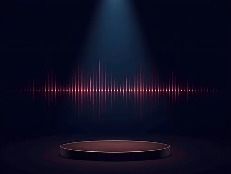Stage with speaker and soundwave graphic on dark background for music event or presentation illustration