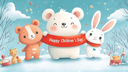 Cute flat vector scene of three animal friends—bear, bunny, and cat—holding a bright red ribbon with "Happy Children’s Day" text,