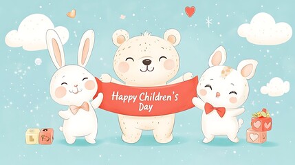 Flat 2D cartoon vector illustration of a cute bear, bunny, and cat standing together holding a red ribbon that reads "Happy Children's Day",