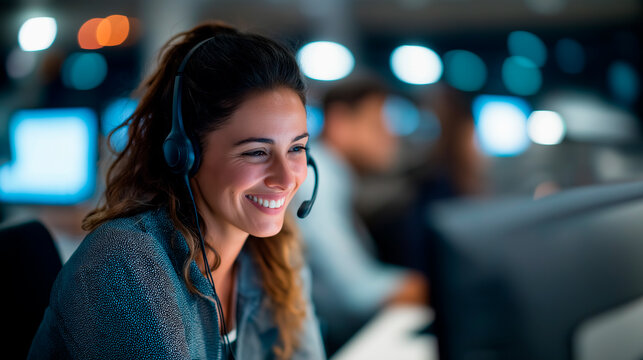 Cheerful call center agent assisting with flight bookings on computer