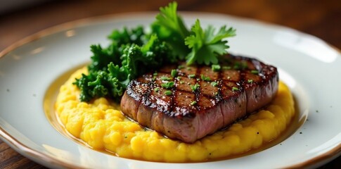 Perfectly seared steak with saut?ed kale & polenta , kale, side