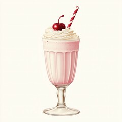 Strawberry milkshake with whipped cream and cherry isolated on white background