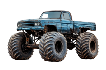 Monster truck vintage blue pickup truck big tires off road vehicle show extreme sports