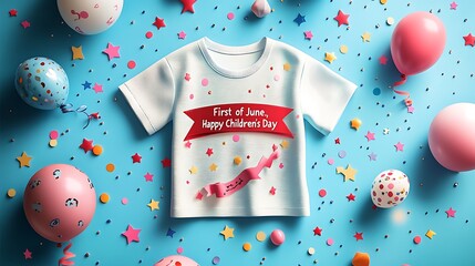 Flat lay vector art of a t-shirt on a blue background, red ribbon across the chest reading "First of June, Happy Children's Day", doodles of stars, confetti, and balloons scattered around, front view,