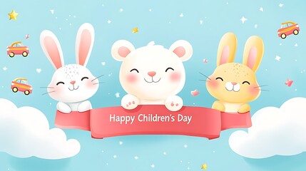Flat vector cartoon of three animal mascots—bear, bunny, and cat—smiling and holding a festive red ribbon that says "Happy Children's Day", blue sky background with clouds and floating toy cars,