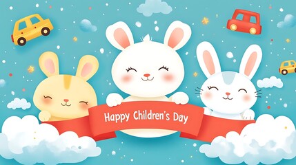 Flat vector cartoon of three animal mascots—bear, bunny, and cat—smiling and holding a festive red ribbon that says "Happy Children's Day", blue sky background with clouds and floating toy cars,