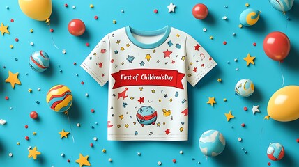 Flat lay vector art of a t-shirt on a blue background, red ribbon across the chest reading "First of June, Happy Children's Day", doodles of stars, confetti, and balloons scattered around, front view,