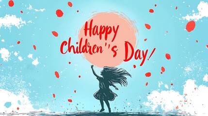 Flat vector design with minimalist pen sketch of a child dancing under a happy sun, positioned above large red handwritten "Happy Children’s Day" text, soft pastel blue background, no extra elements,