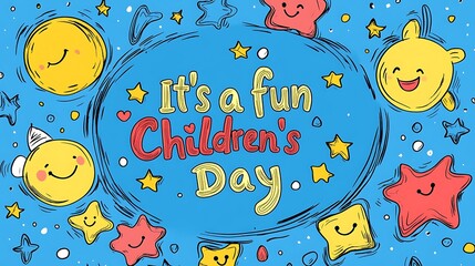 Flat vector illustration in hand-drawn crayon style, a circular crayon-sketched border in red, yellow, and blue surrounds the handwritten text "It's a fun Children's Day", doodles of stars,