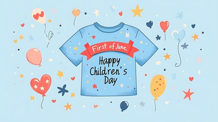 Flat vector illustration of a light blue t-shirt viewed from the front, centered red ribbon across the chest with hand-lettered text "First of June, Happy Children's Day",