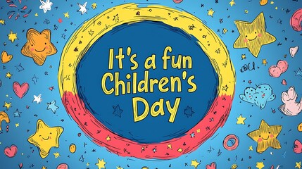 Flat vector illustration in hand-drawn crayon style, a circular crayon-sketched border in red, yellow, and blue surrounds the handwritten text "It's a fun Children's Day", doodles of stars,